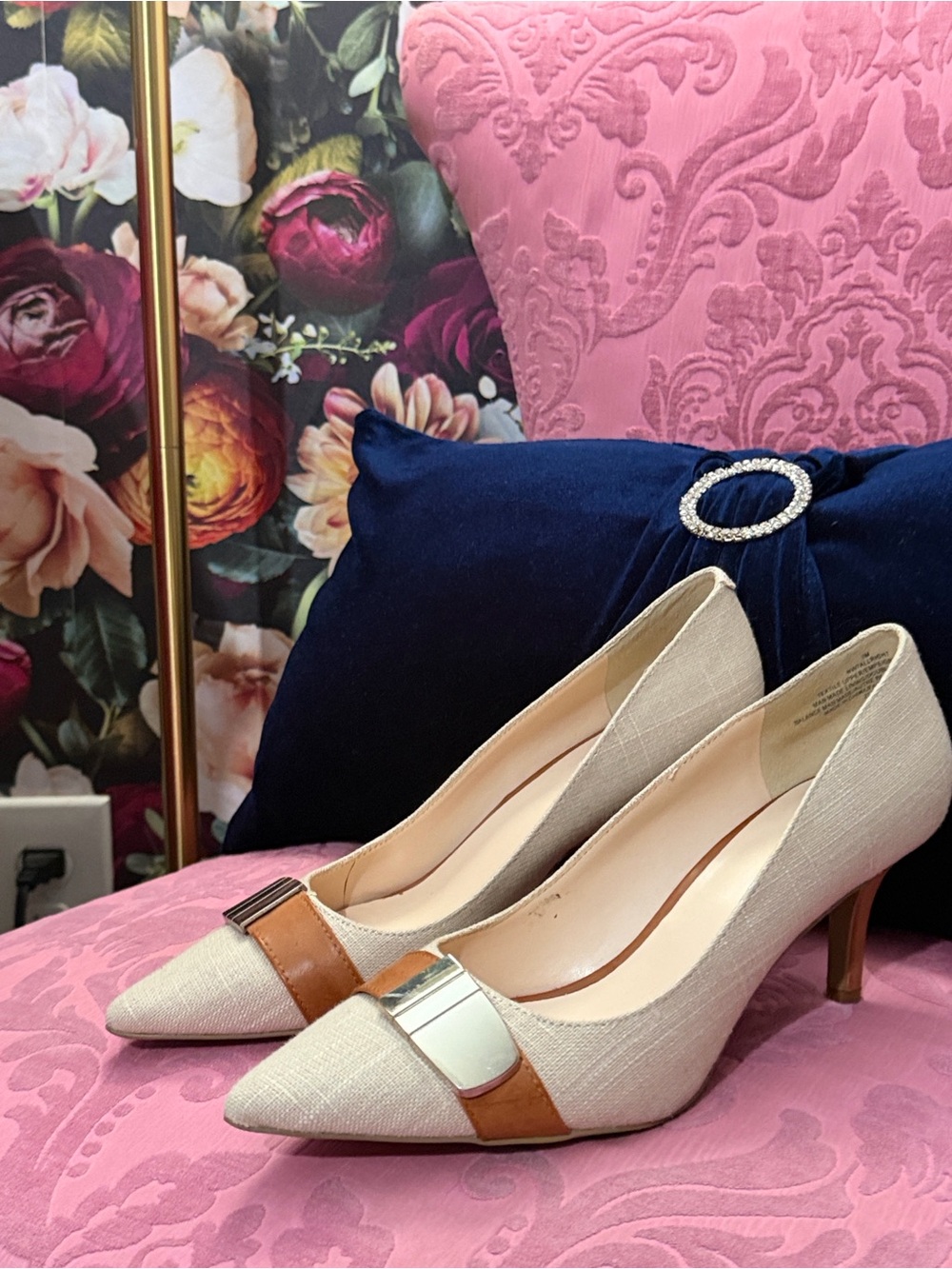 Nine West Beige and Brown Kitten Heel Pumps with Metal Accent. in a size 7